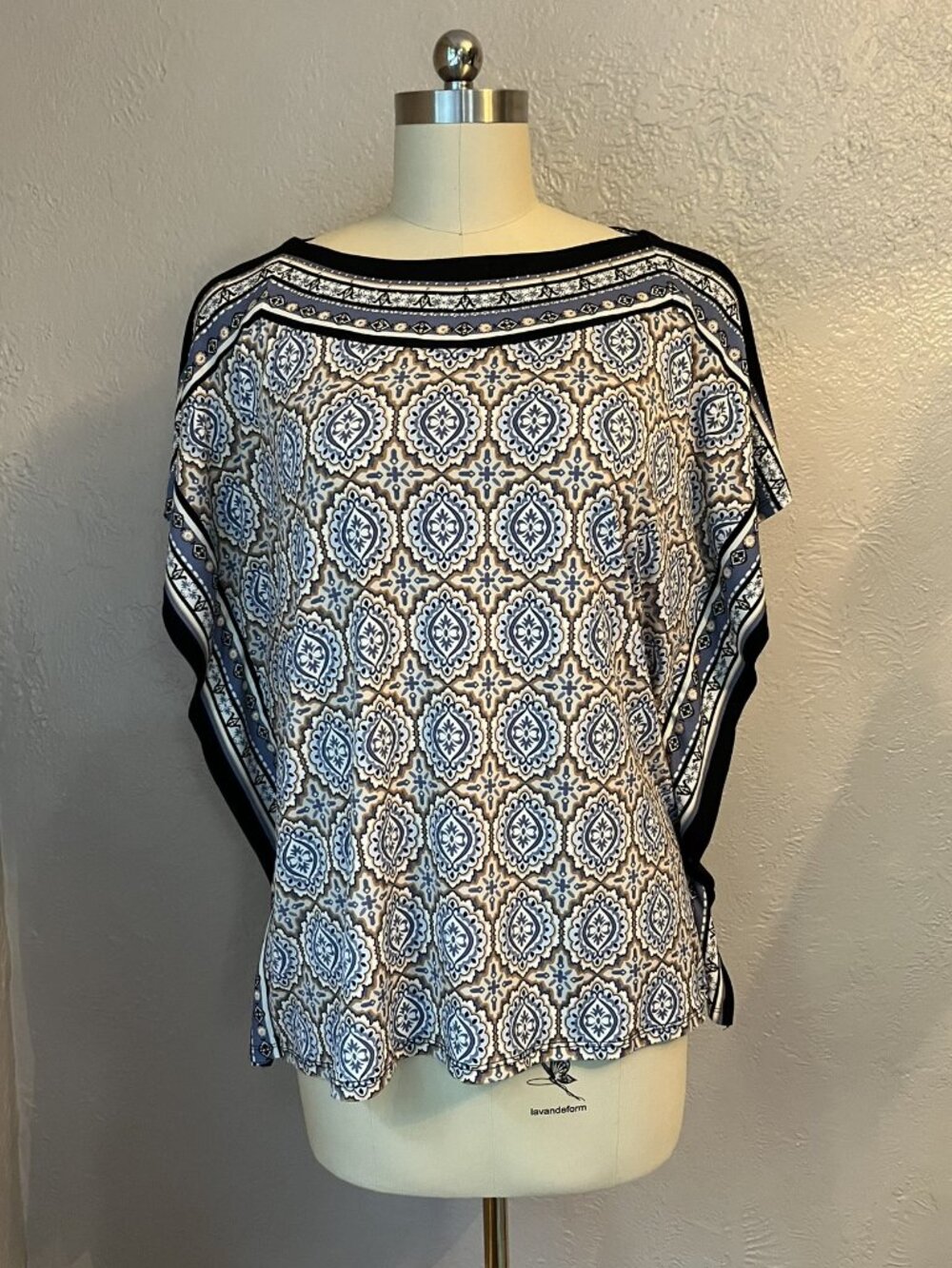 JM Collection Blue Medallion Print Embellished Poncho Top XL
